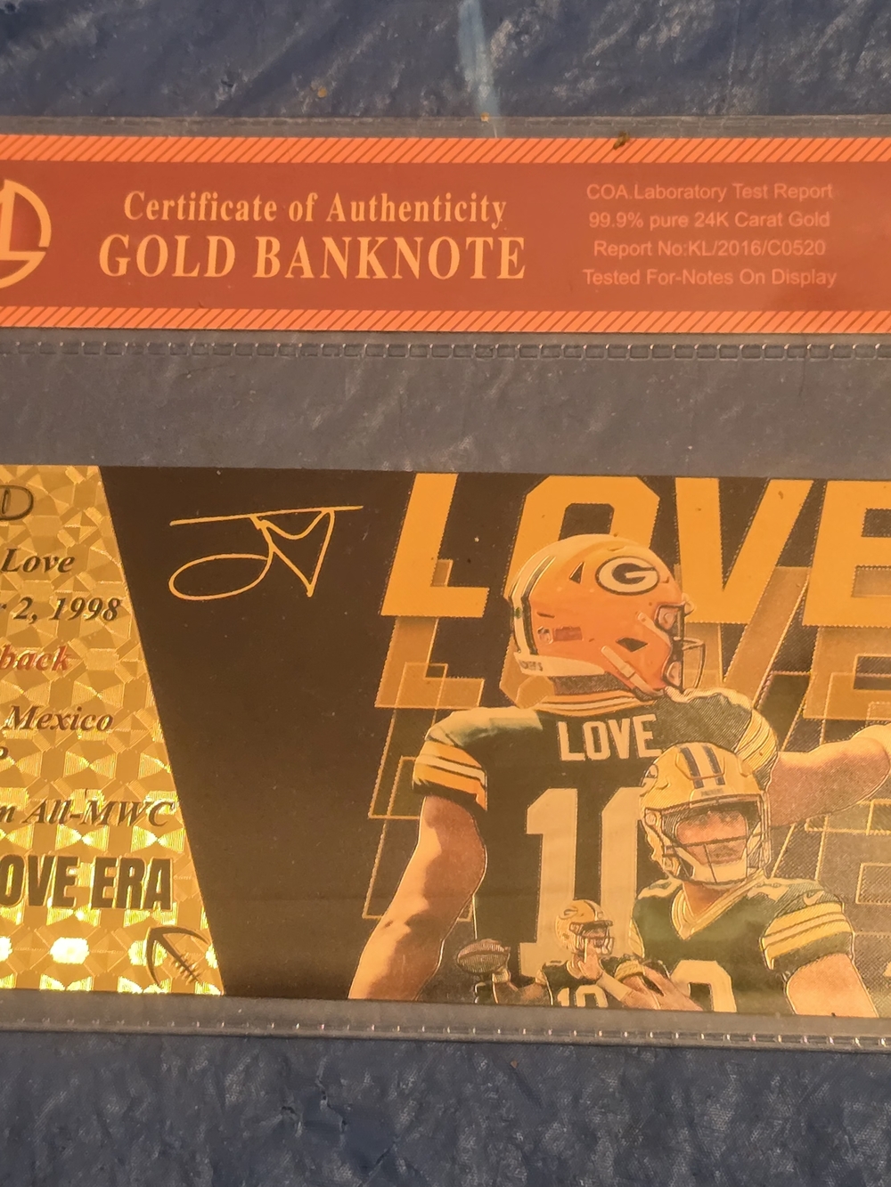Jordan Love 24 Ct Gold $100 Banknote